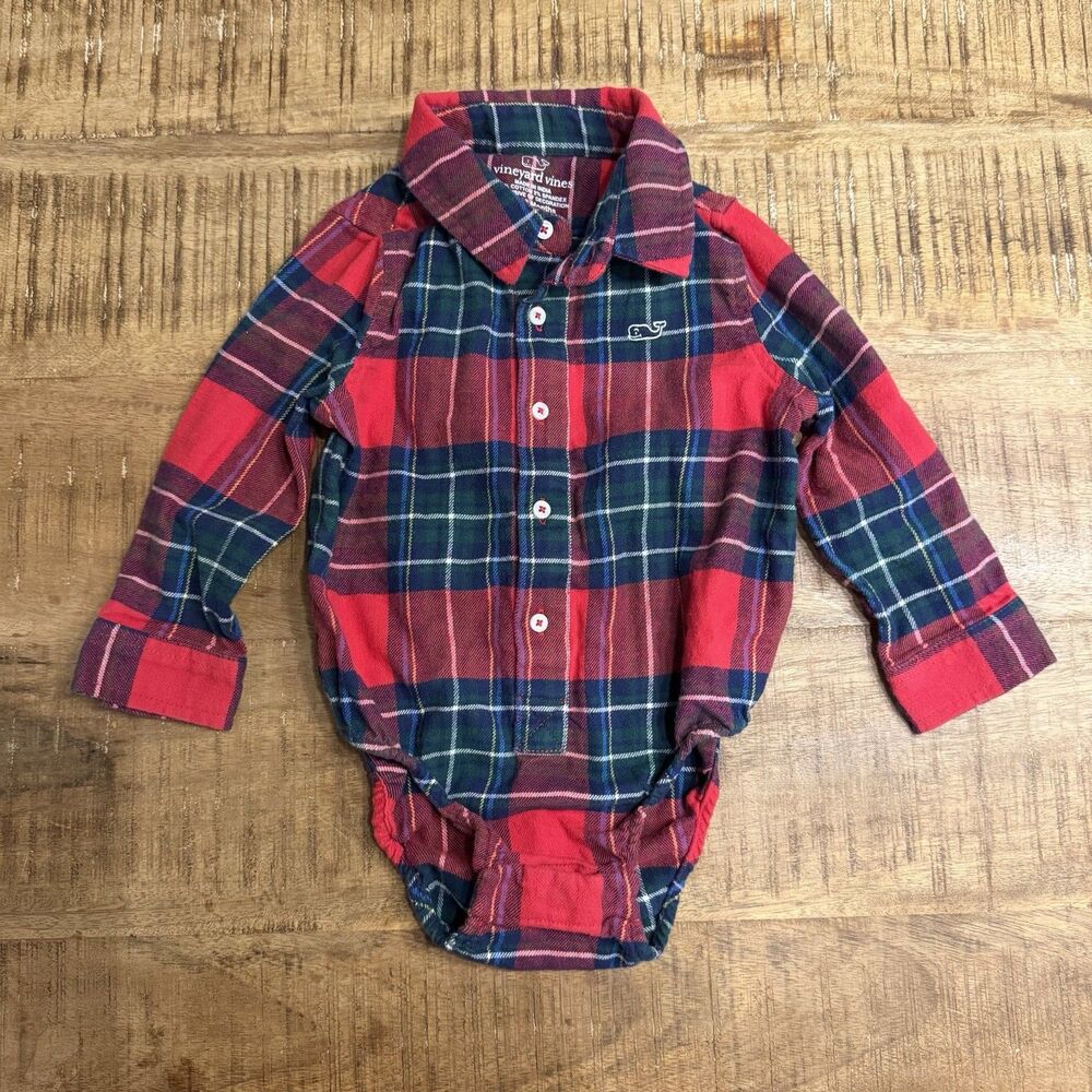 Vineyard Vines Red Plaid Flannel Long Sleeve Bodysuit Baby One Piece 12-18M‎